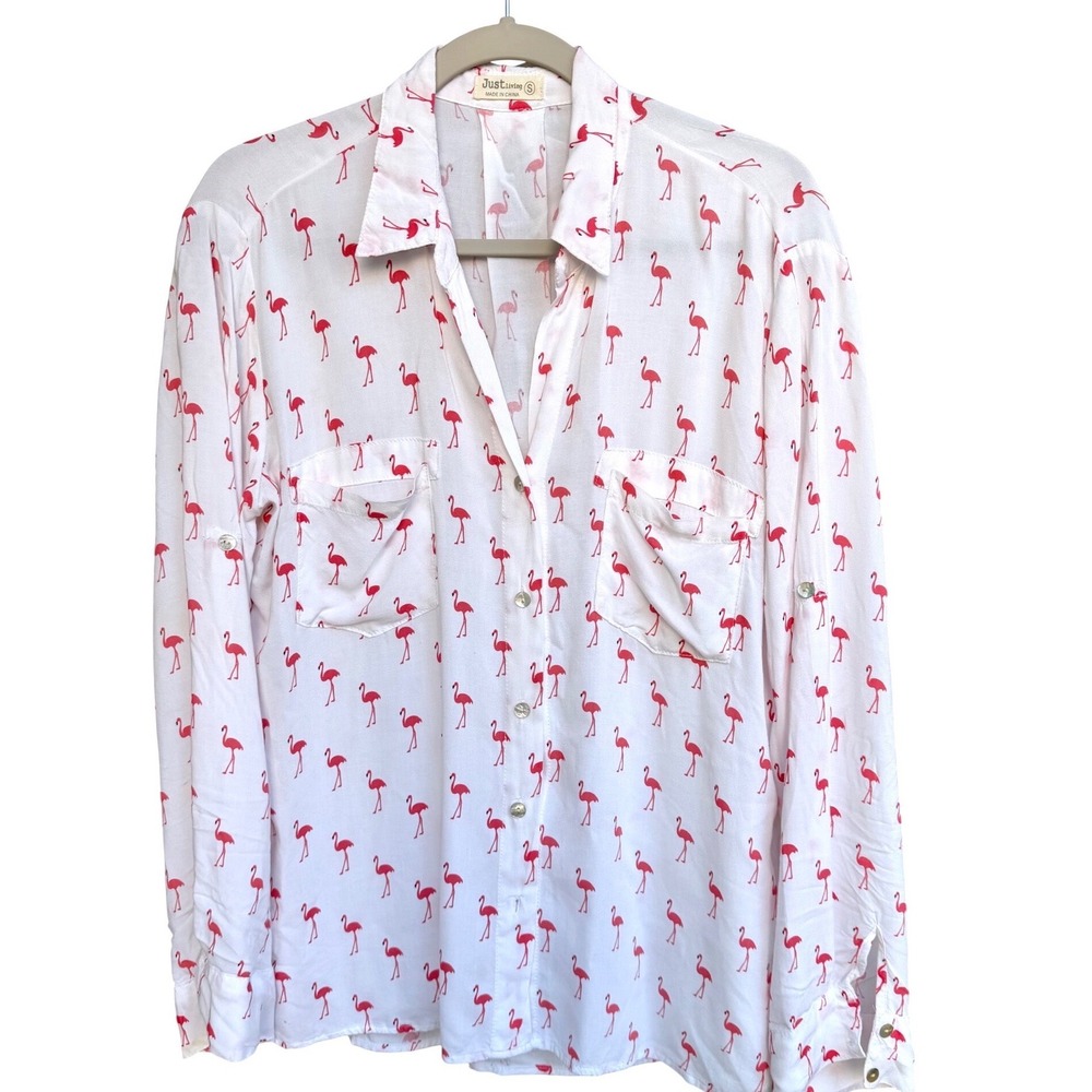 Just Living Womens White Pink Flamingo Print Roll Tab Button Up Blouse Small